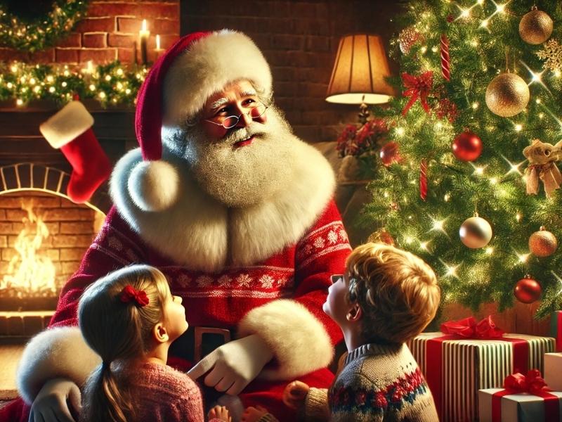 Papai Noel com roupa vermelha e barba branca, como retratado em campanhas publicitárias modernas.