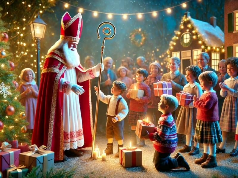 Sinterklaas, a versão holandesa de São Nicolau, distribuindo presentes para crianças.