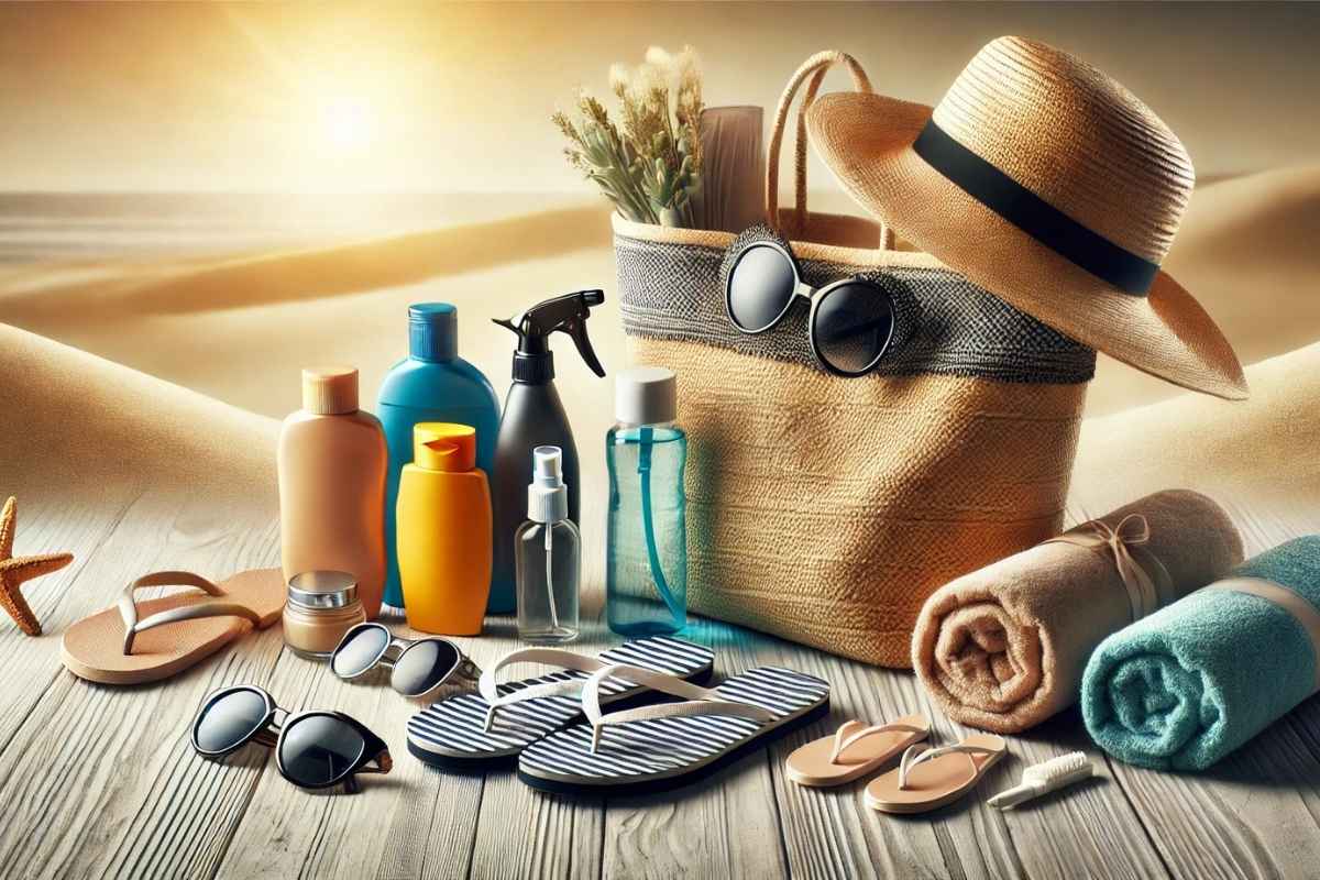 Itens essenciais para uma viagem de praia organizados