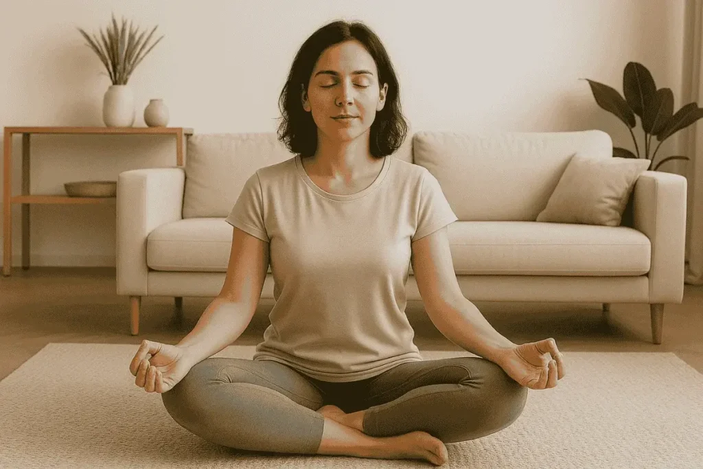 Mulher meditando na sala de estar