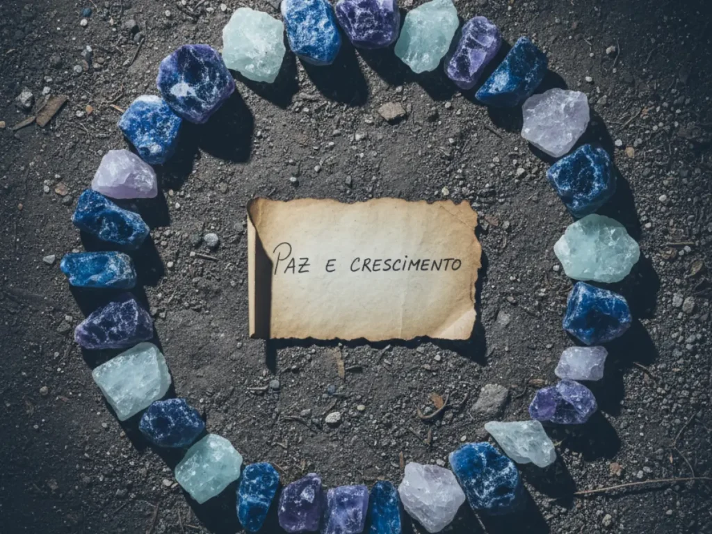 Círculo de cristais sob a luz da lua em solo natural