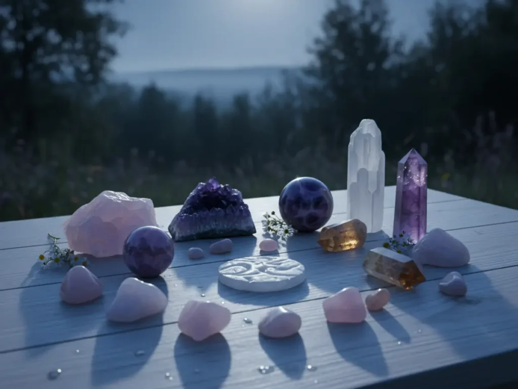 Cristais sob luz da lua cheia sobre mesa de madeira clara