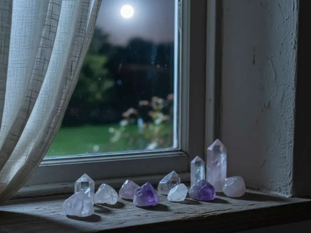 Cristais sobre parapeito de janela iluminados pela luz da lua