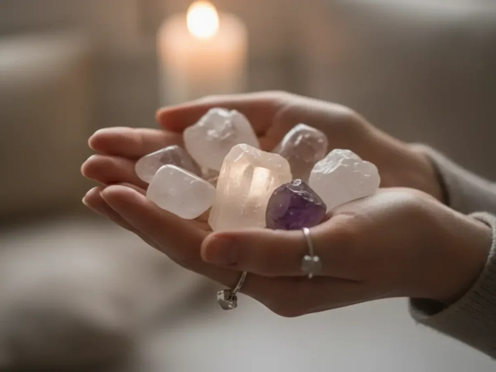 Mãos femininas segurando cristais energizados à luz da lua