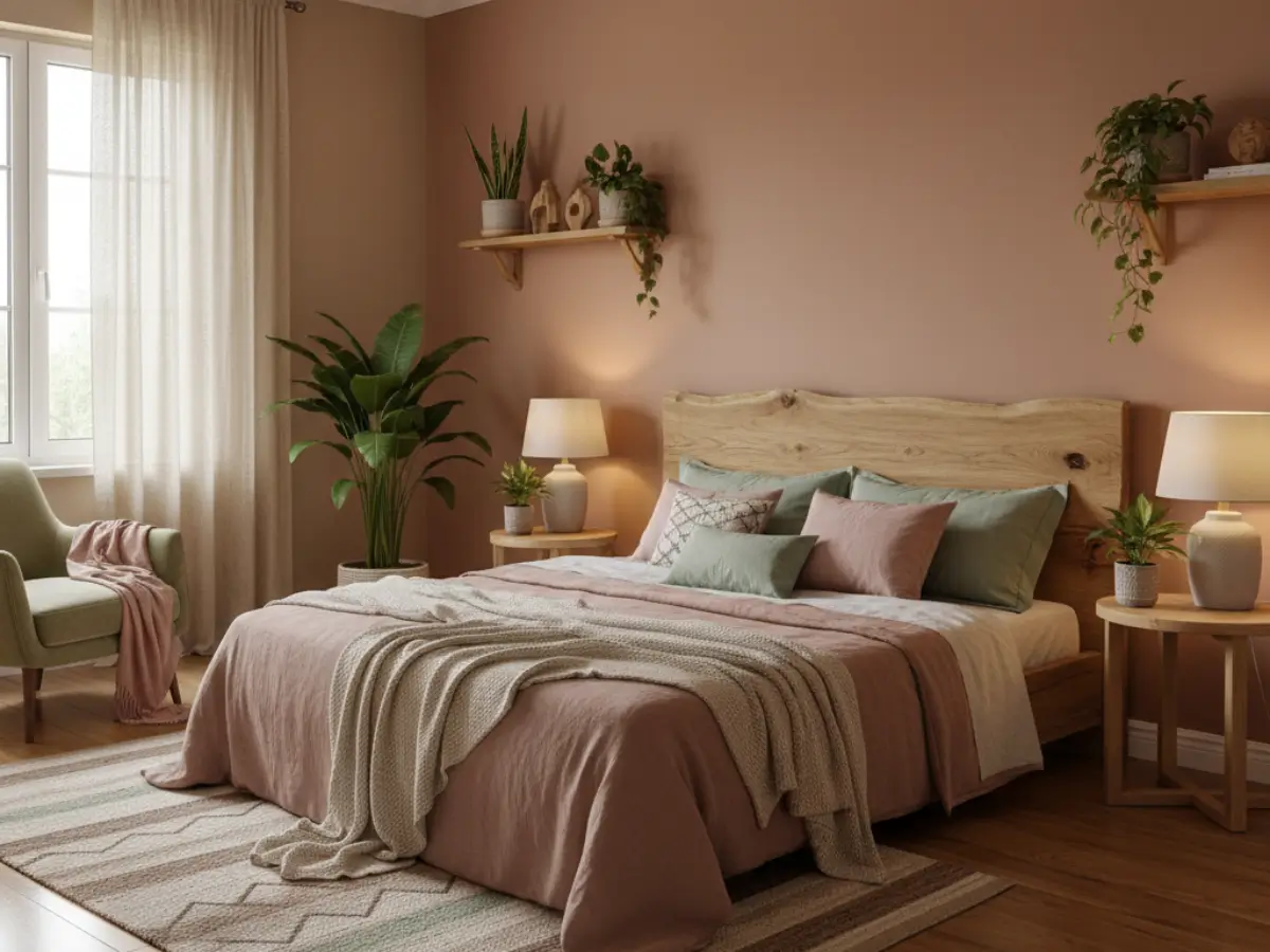 Cores neutras com toques de vermelho e verde equilibram os elementos no feng shui quarto casal posição dos móveis.
