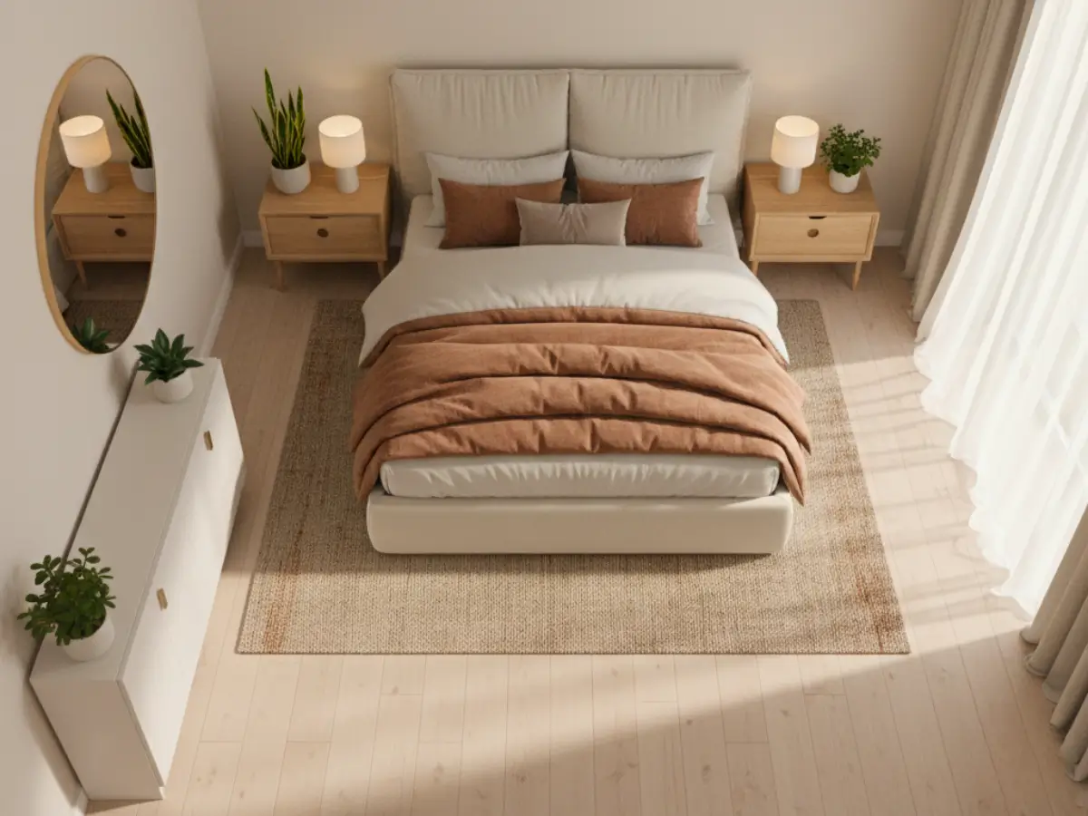 Planta vista de cima mostra a posição ideal dos móveis segundo o feng shui quarto casal posição dos móveis, com cama central, equilíbrio e fluxo energético livre.