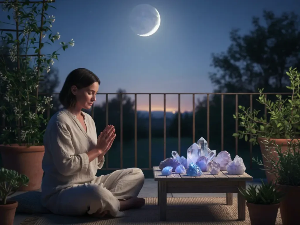 Mulher observando cristais sob a luz da lua em ambiente tranquilo