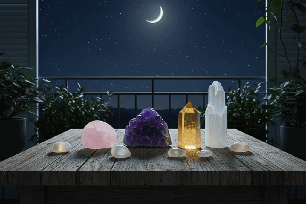 Cristais sobre mesa rústica em varanda iluminada pela luz da lua