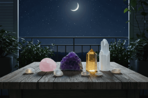 Cristais sobre mesa rústica em varanda iluminada pela luz da lua