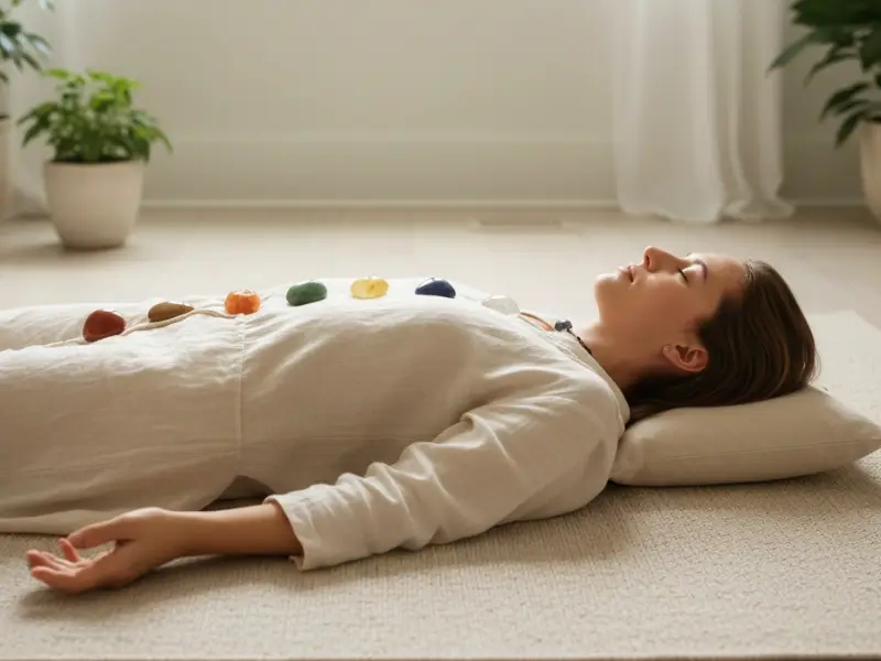 Pessoa alinhando pedras dos chakras sobre o corpo