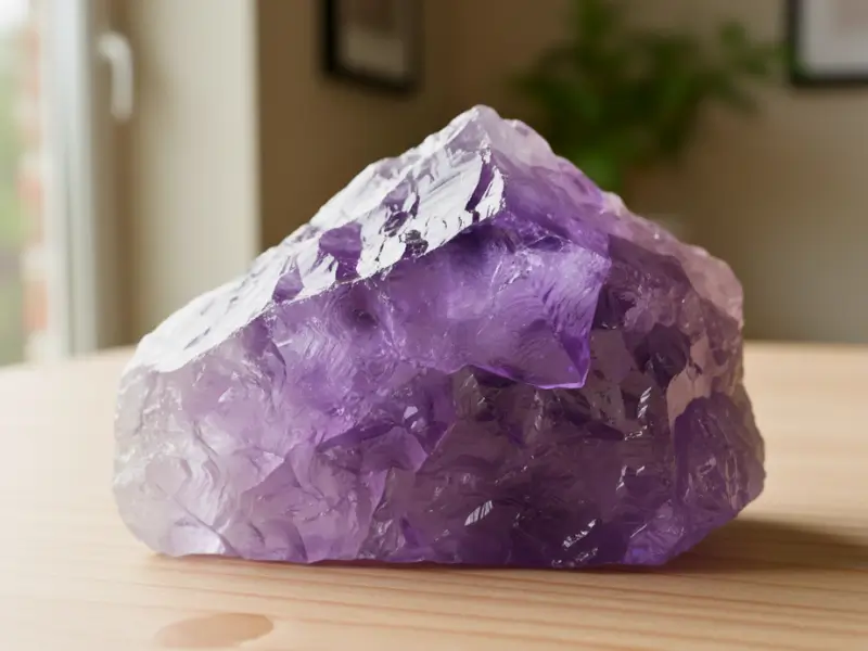 Cristal de ametista roxa iluminado por luz natural sobre mesa de madeira