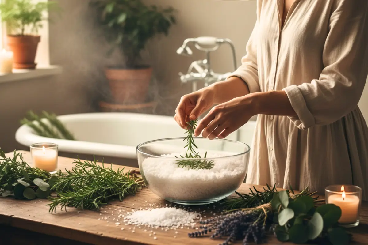 Mulher preparando banho de alecrim com sal grosso em ambiente natural, mesa de madeira com ervas e tigela de vidro, luz suave e atmosfera espiritual.