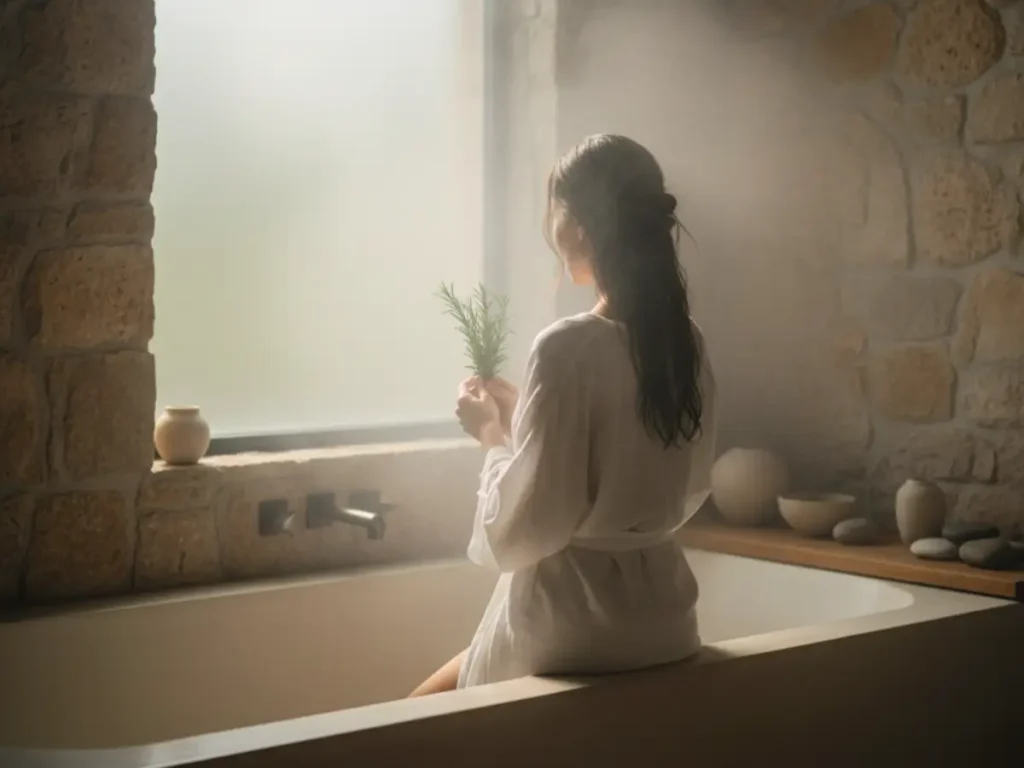 Mulher de costas em ambiente de banho com vapor suave segurando ramo de alecrim, atmosfera de purificação e paz após o banho com sal grosso.