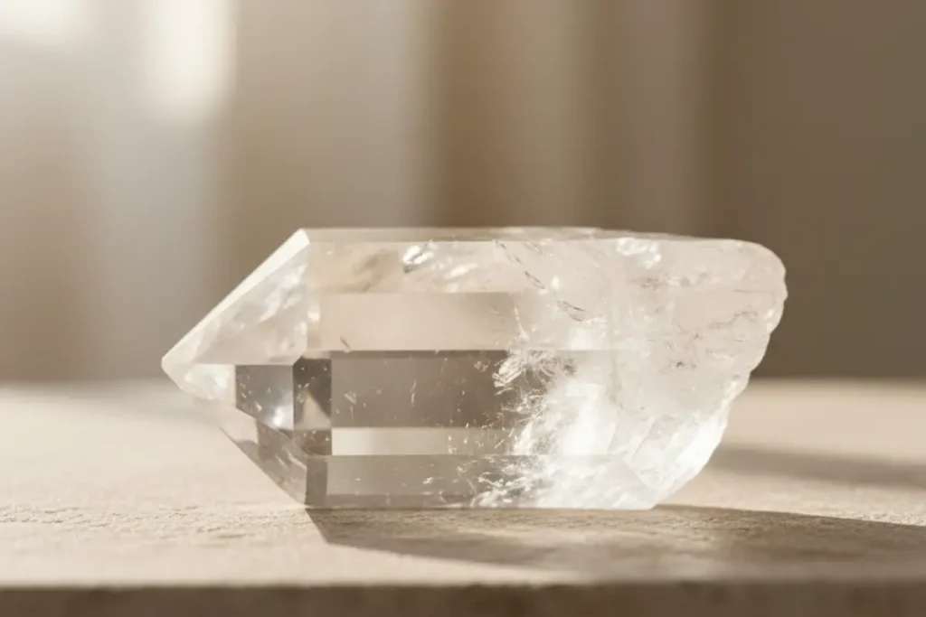 Cristal de quartzo transparente iluminado por luz natural sobre superfície de pedra, transmitindo pureza e energia espiritual.