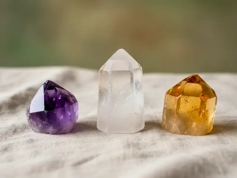 Trio de cristais energéticos coloridos dispostos sobre tecido neutro