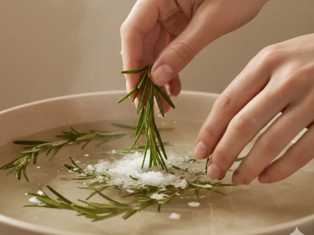 Mãos femininas misturando alecrim fresco e sal grosso em recipiente com água morna, detalhe do preparo do banho de alecrim com sal grosso para limpeza energética.