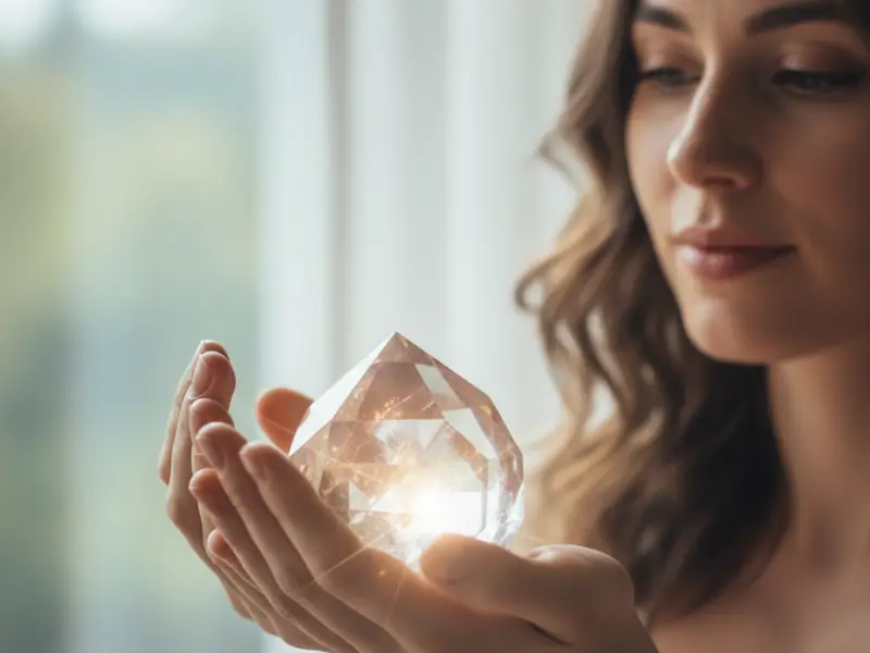 Pessoa segurando cristal translúcido sob luz natural com fundo sereno