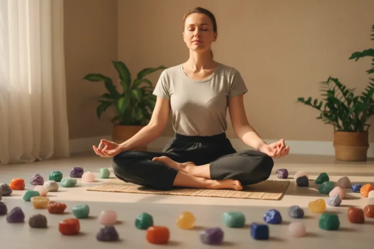 Mulher meditando com cristais energéticos ao redor em ambiente iluminado naturalmente