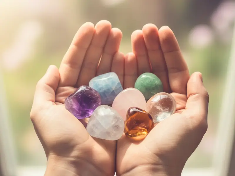 Mãos segurando diversos cristais coloridos com fundo desfocado e luz natural suave