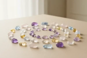 Cristais energéticos poderosos dispostos em círculo sobre superfície neutra com luz natural suave