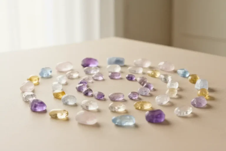 Cristais energéticos poderosos dispostos em círculo sobre superfície neutra com luz natural suave