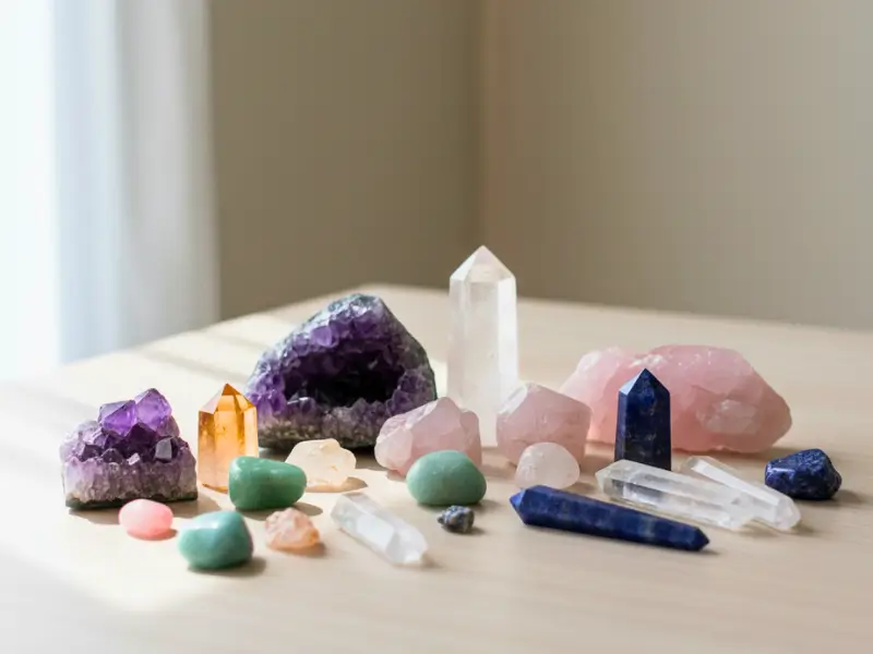 Cristais energéticos coloridos sobre mesa de madeira clara com luz natural suave e fundo desfocado