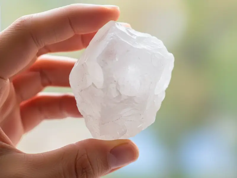 Pessoa segurando cristal translúcido com aparência opaca sob luz natural suave.