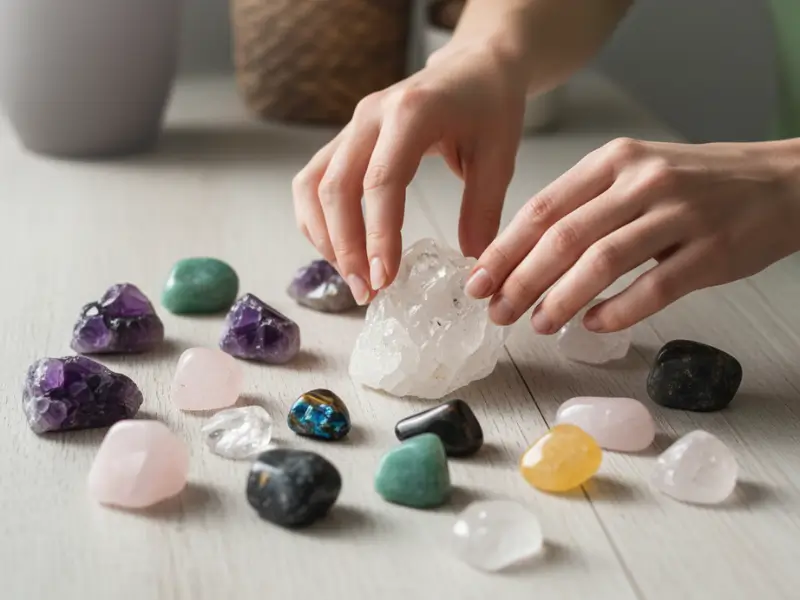 Mãos femininas escolhendo cristais energéticos coloridos sobre mesa de madeira clara.