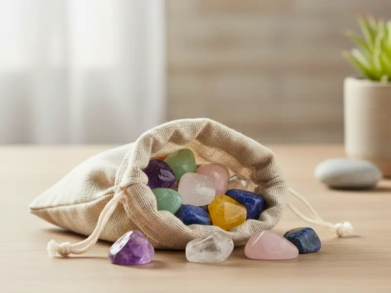 Cristais energéticos guardados em saquinho de tecido natural, sobre superfície de madeira clara e ambiente calmo.
