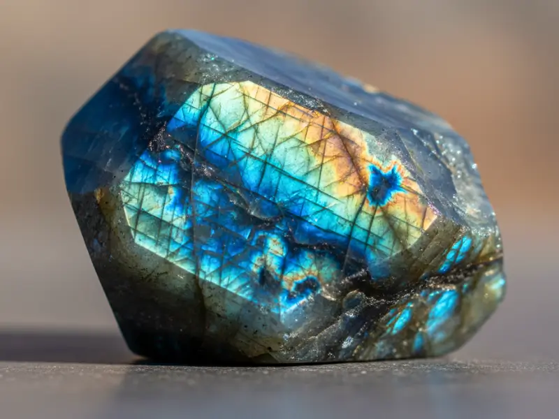 Cristal de labradorita com reflexos azulados sob luz natural
