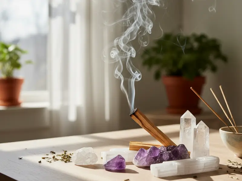 Cristais energéticos sendo limpos com fumaça de incenso sobre mesa de madeira clara, ambiente calmo com luz natural.