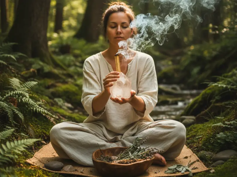 Pessoa limpando cristal com incenso em ambiente natural, luz suave.