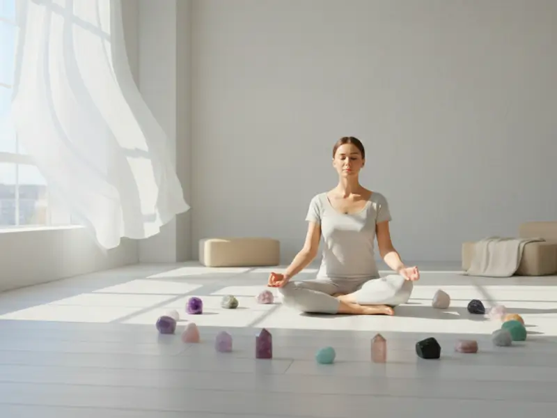 Mulher meditando em sala iluminada naturalmente com cristais ao redor, ambiente tranquilo.