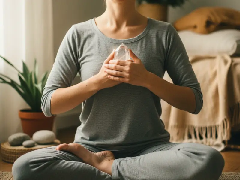 Pessoa meditando enquanto segura um cristal de quartzo transparente com luz natural suave ao redor.