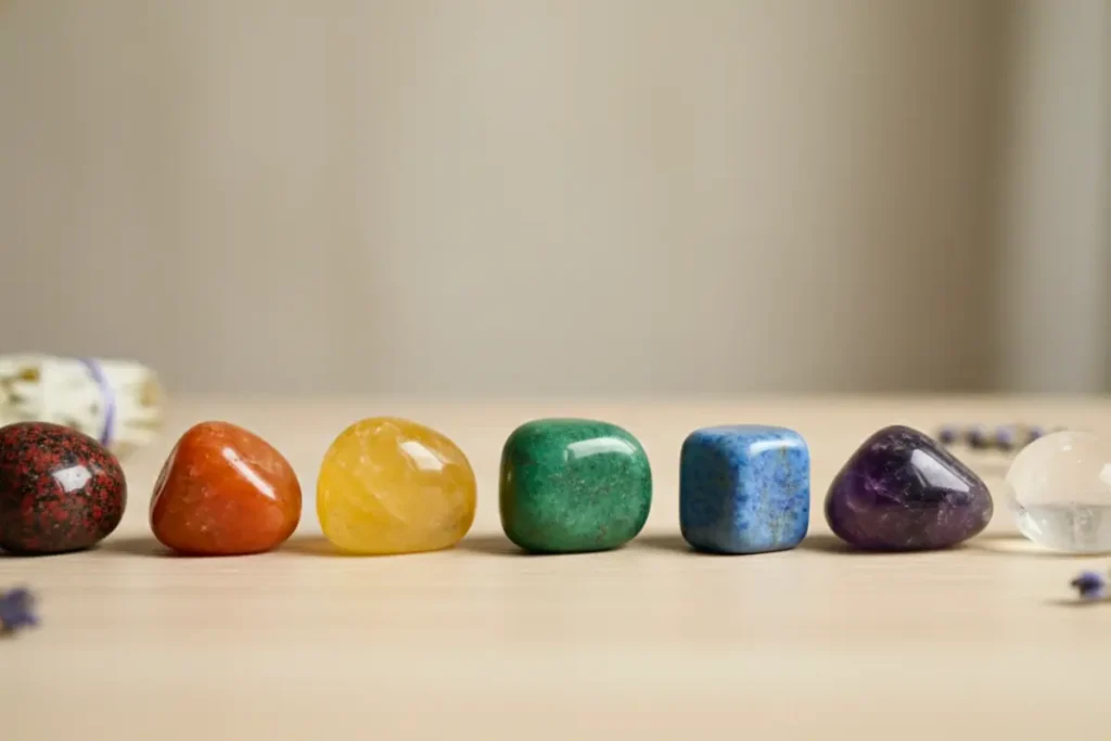 Pedras dos 7 chakras organizadas em linha sobre superfície clara