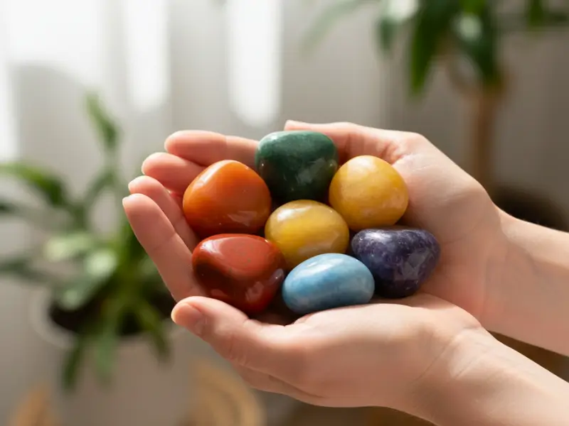 Mãos segurando pedras dos 7 chakras com iluminação natural