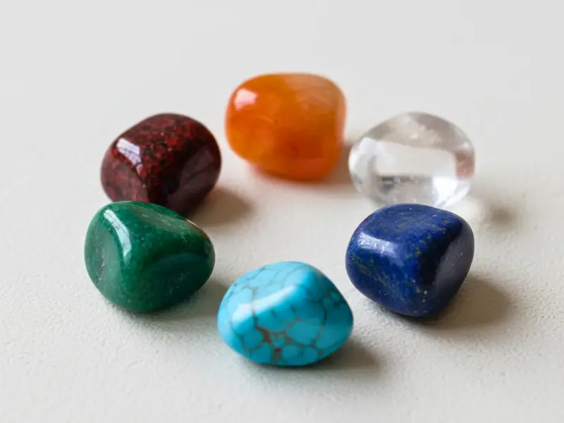 Pedras dos sete chakras organizadas em círculo