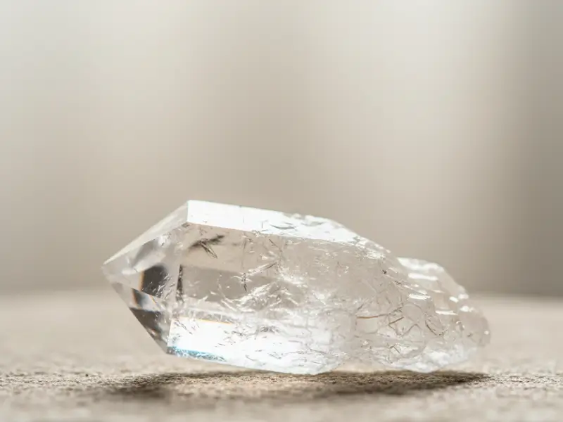 Cristal de quartzo transparente sobre pedra natural com iluminação suave, representando clareza e energia espiritual.