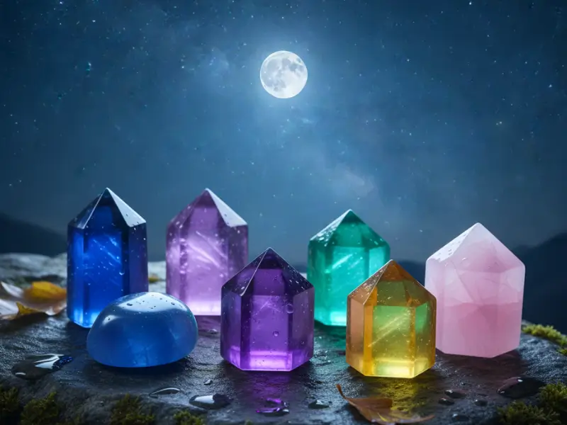 Cristais energéticos sendo recarregados sob a luz da lua cheia