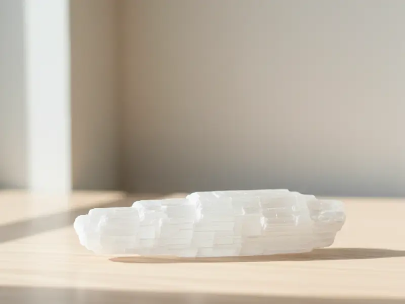 Cristal de selenita branca sobre superfície de madeira clara com luz natural