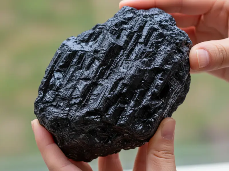 Turmalina negra bruta sendo segurada nas mãos com fundo desfocado