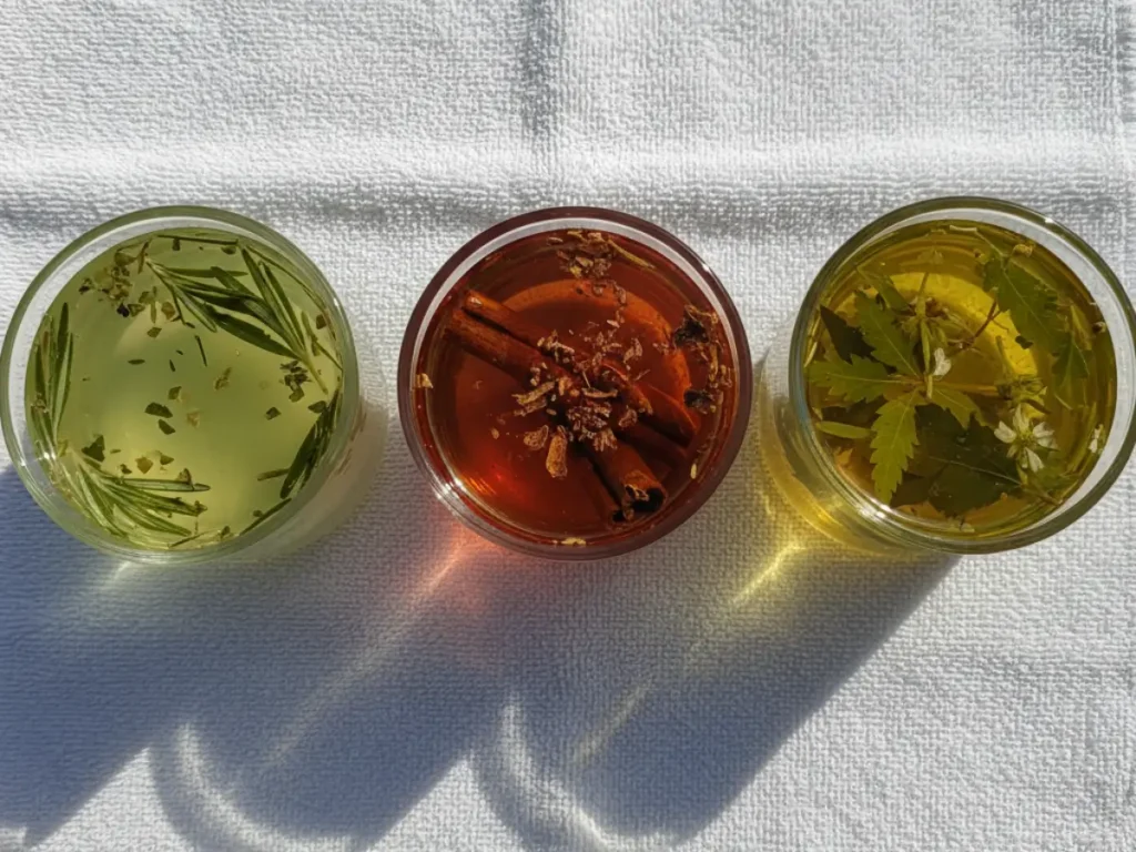 Recipientes de vidro vistos de cima com banhos de ervas de alecrim, canela e arruda, dispostos sobre toalha branca, luz natural e composição harmoniosa.