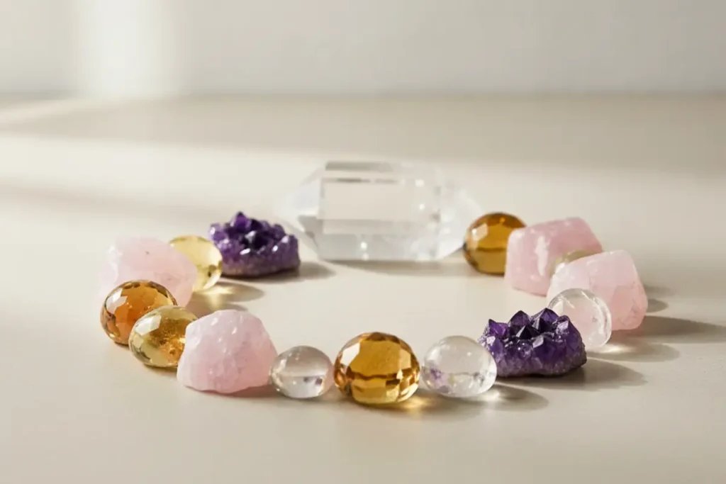 Conjunto de cristais energéticos dispostos em círculo sobre superfície clara com iluminação natural suave destacando brilho e textura das pedras.