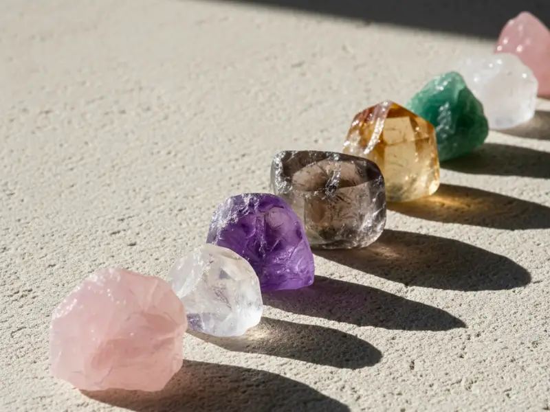 Cristais naturais alinhados sobre superfície clara com iluminação suave destacando as texturas e cores das pedras.