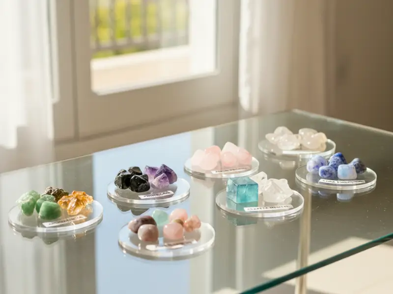 Cristais organizados por intenção, incluindo abundância, proteção, amor próprio, clareza mental e cura emocional sobre mesa clara.