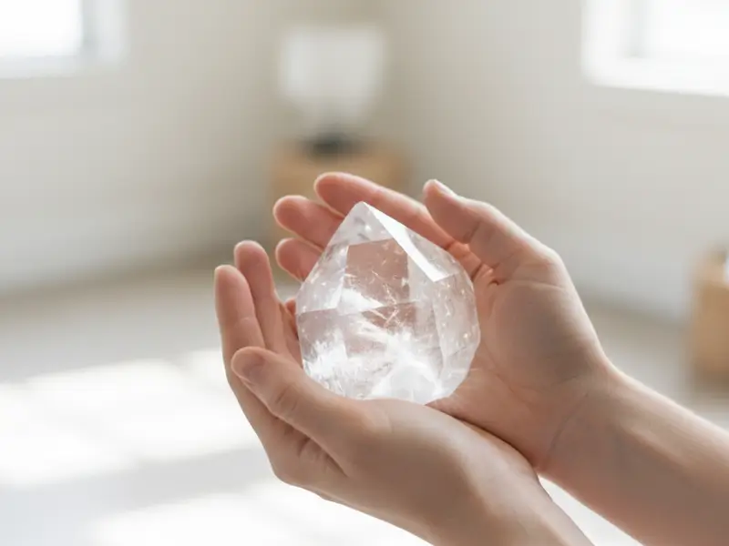 Mãos segurando um cristal de quartzo transparente em ambiente iluminado com luz natural durante a programação energética.