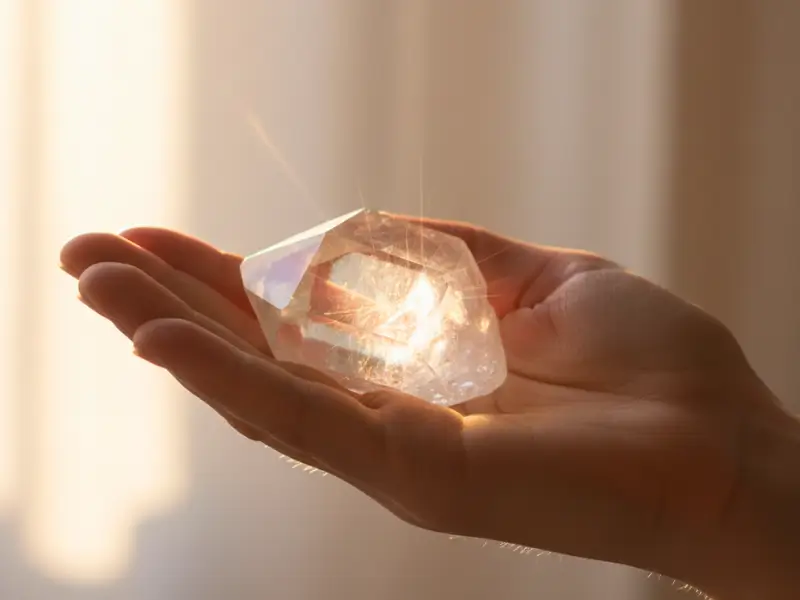 Mão segurando um cristal energizado próximo à janela com luz natural criando destaque no brilho da pedra.